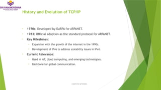 History and Evolution of TCP/IP
• 1970s: Developed by DARPA for ARPANET.
• 1983: Official adoption as the standard protocol for ARPANET.
• Key Milestones:
• Expansion with the growth of the internet in the 1990s.
• Development of IPv6 to address scalability issues in IPv4.
• Current Relevance:
• Used in IoT, cloud computing, and emerging technologies.
• Backbone for global communication.
COMPUTER NETWORKS
 