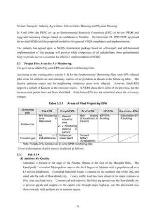 Service Transport, Industry, Agriculture, Infrastructure/ Housing and Physical Planning.
In April 1996, the PEPC set up an Environmental Standards Committee (ESC) to review NEQS and
suggested necessary changes based on conditions in Pakistan. On December 28, 1999 PEPC approved
the revised NEQS and the proposed modalities for general NEQS compliance and implementation.
The industry has agreed upon to NEQS enforcement package based on self-respect and self-honoured
implementation of this package will provide while compliance of all stakeholders, from governmental
body to private sector is essential for effective implementation of NEQS.
3.3 Project Pilot Areas for Air Monitoring
The pilot areas selected by each EPAs are shown in following table.
According to the training plan (activity 1-3) for the Environmental Monitoring Plan, each EPA selected
pilot areas for ambient air and stationary sources of air pollution as shown in the following table. The
factory emission source and its neighboring residential areas were selected. However, Sindh-EPA
targeted a suburb of Karachi as the emission source. KP-EPA chose three cities of the province, but the
measurement points have not been identified. Balochistan-EPA has not submitted about the stationary
sources.
Table 3.3.1 Areas of Pilot Project by EPA
Monitoring
plan
Pak-EPA Punjab-EPA Sindh-EPA KP-EPA Balochistan-EPA
Ambient air
·H-8 Residential
area in
Islamabad
1) Raiwind
industrial
area
2) 2 monitoring
stations in
Lahore
·Main streets
(6 locations) in
Karachi
·KP-EPA
building
·Balochistan-EP
A building
Emission gas
·I-9, I-10
Industrial area
·Kohe-noor
power plant
·Cement
factory,
·(10 locations)
Note: Punjab-EPA, Ambient air 2) is for SPM monitoring plan.
General description of pilot areas is explained as follows.
3.3.1 Pak-EPA
(1) Ambient Air Quality
Islamabad is located at the edge of the Potohar Plateau at the foot of the Margalla Hills. The
Rawalpindi / Islamabad Metropolitan Area is the third largest in Pakistan with a population of over
4.5 million inhabitants. Islamabad Industrial Estate is situated on the southern side of the city, and
stand side by side of Rawalpindi city. Heavy traffic load has been observed in major avenues in
Blue Area and high ways. Commercial and industrial facilities are spread over the Rawalpindi city
to provide goods and supplies to the capital city through major highway, and the downwind also
blows towards with polluted air in summer season.
11
 