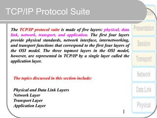 1
TCP/IP Protocol Suite
The TCP/IP protocol suite is made of five layers: physical, data
link, network, transport, and application. The first four layers
provide physical standards, network interface, internetworking,
and transport functions that correspond to the first four layers of
the OSI model. The three topmost layers in the OSI model,
however, are represented in TCP/IP by a single layer called the
application layer.
The topics discussed in this section include:
Physical and Data Link Layers
Network Layer
Transport Layer
Application Layer
 
