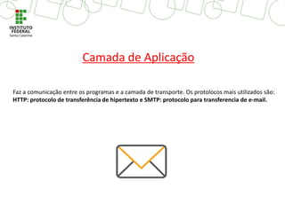 Faz a comunicação entre os programas e a camada de transporte. Os protolocos mais utilizados são:
HTTP: protocolo de transferência de hipertexto e SMTP: protocolo para transferencia de e-mail.
Camada de Aplicação
 