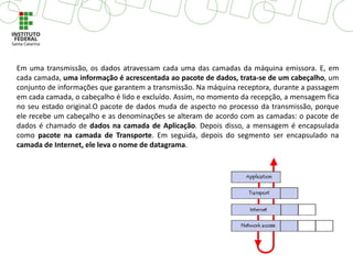 Em uma transmissão, os dados atravessam cada uma das camadas da máquina emissora. E, em
cada camada, uma informação é acrescentada ao pacote de dados, trata-se de um cabeçalho, um
conjunto de informações que garantem a transmissão. Na máquina receptora, durante a passagem
em cada camada, o cabeçalho é lido e excluído. Assim, no momento da recepção, a mensagem fica
no seu estado original.O pacote de dados muda de aspecto no processo da transmissão, porque
ele recebe um cabeçalho e as denominações se alteram de acordo com as camadas: o pacote de
dados é chamado de dados na camada de Aplicação. Depois disso, a mensagem é encapsulada
como pacote na camada de Transporte. Em seguida, depois do segmento ser encapsulado na
camada de Internet, ele leva o nome de datagrama.
 