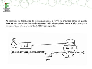 Ao contrário das tecnologias de rede proprietárias, o TCP/IP foi projetado como um padrão
ABERTO. Isto queria dizer que qualquer pessoa tinha a liberdade de usar o TCP/IP. Isto ajudou
muito no rápido desenvolvimento do TCP/IP como padrão.
 