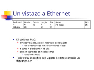 Un vistazo a Ethernet
Preámbul
o
(8 bytes)
Destin
o
(6)
Fuente
(6)
Longitu
d
(2)
Tip
o
(2)
Datos
(46-1500)
FCS
(4)
 Direcciónes MAC:
 Únicas y grabadas en el hardware de la tarjeta

Por eso también se llaman “direcciones físicas”
 6 bytes x 8 bits/byte = 48 bits
 Suelen escribirse en hexadecimal

FE:D2:89:C4:4F:2E
 Tipo: 0x800 especifica que la parte de datos contiene un
datagrama IP
 