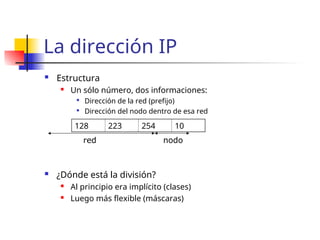 La dirección IP
 Estructura
 Un sólo número, dos informaciones:

Dirección de la red (prefijo)

Dirección del nodo dentro de esa red
 ¿Dónde está la división?
 Al principio era implícito (clases)
 Luego más flexible (máscaras)
128 223 254 10
red nodo
 