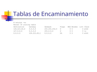 Tablas de Encaminamiento
# netstat -nr
Kernel IP routing table
Destination Gateway Genmask Flags MSS Window irtt Iface
128.223.60.0 0.0.0.0 255.255.254.0 U 0 0 0 eth0
127.0.0.0 0.0.0.0 255.0.0.0 U 0 0 0 lo
0.0.0.0 128.223.60.1 0.0.0.0 UG 0 0 0 eth0
 