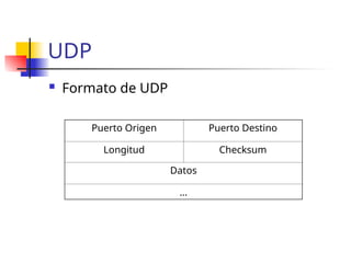 UDP
 Formato de UDP
Puerto Origen Puerto Destino
Longitud Checksum
Datos
…
 