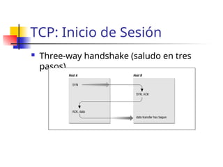 TCP: Inicio de Sesión
 Three-way handshake (saludo en tres
pasos)
 