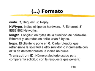 130
(...) Formato
code. 1, Request. 2, Reply.
HWtype. Indica el tipo de hardware. 1, Ethernet. 6,
IEEE 802 Networks.
length. Longitud en bytes de la dirección de hardware.
Ethernet y las redes en anillo usan 6 bytes.
hops. El cliente lo pone en 0. Cada ruteador que
retransmite la solicitud a otro servidor lo incrementa con
el fin de detectar bucles. 3 indica un bucle.
Transaction ID. Número aleatorio usado para
comparar la solicitud con la respuesta que genera.
 