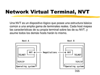 166
Network Virtual Terminal, NVT
Una NVT es un dispositivo lógico que posee una estructura básica
común a una amplia gama de terminales reales. Cada host mapea
las características de su propia terminal sobre las de su NVT, y
asume todos los demás hosts harán lo mismo.
 
