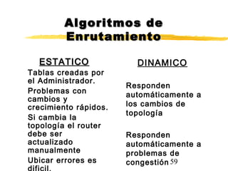 59
Algoritmos deAlgoritmos de
EnrutamientoEnrutamiento
ESTATICOESTATICO
Tablas creadas por
el Administrador.
Problemas con
cambios y
crecimiento rápidos.
Si cambia la
topología el router
debe ser
actualizado
manualmente
Ubicar errores es
DINAMICO
Responden
automáticamente a
los cambios de
topología
Responden
automáticamente a
problemas de
congestión
 
