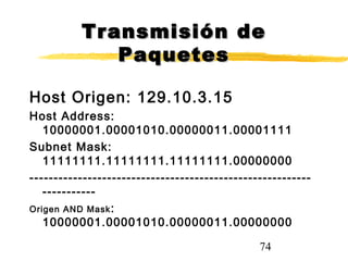 74
Transmisión deTransmisión de
PaquetesPaquetes
Host Origen: 129.10.3.15
Host Address:
10000001.00001010.00000011.00001111
Subnet Mask:
11111111.11111111.11111111.00000000
----------------------------------------------------------
-----------
Origen AND Mask:
10000001.00001010.00000011.00000000
 