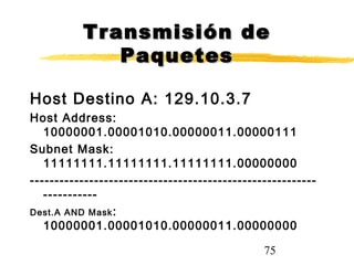 75
Transmisión deTransmisión de
PaquetesPaquetes
Host Destino A: 129.10.3.7
Host Address:
10000001.00001010.00000011.00000111
Subnet Mask:
11111111.11111111.11111111.00000000
----------------------------------------------------------
-----------
Dest.A AND Mask:
10000001.00001010.00000011.00000000
 