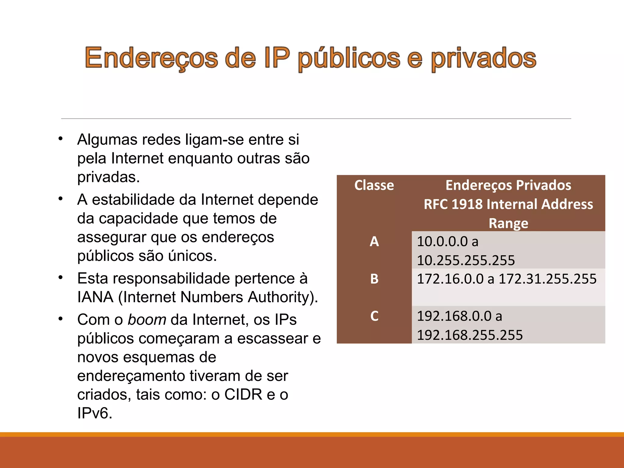 • Algumas redes ligam-se entre si
pela Internet enquanto outras são
privadas.
• A estabilidade da Internet depende
da capacidade que temos de
assegurar que os endereços
públicos são únicos.
• Esta responsabilidade pertence à
IANA (Internet Numbers Authority).
• Com o boom da Internet, os IPs
públicos começaram a escassear e
novos esquemas de
endereçamento tiveram de ser
criados, tais como: o CIDR e o
IPv6.
Classe Endereços Privados
RFC 1918 Internal Address
Range
A 10.0.0.0 a
10.255.255.255
B 172.16.0.0 a 172.31.255.255
C 192.168.0.0 a
192.168.255.255
 