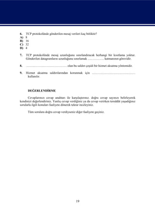 6.   TCP protokolünde gönderilen mesaj verileri kaç bitliktir?
A)   8
B)   16
C)   32
D)   4

7.   TCP protokolünde mesaj uzunluğunu sınırlandıracak herhangi bir kısıtlama yoktur.
     Gönderilen datagramların uzunluğunu sınırlamak ……………. katmanının görevidir.

8.   …………………….…………… olan bu saldırı çeşidi bir hizmet aksatma yöntemidir.

9.   Hizmet aksatma saldırılarından korunmak için ……………………………………
      kullanılır.



      DEĞERLENDİRME

      Cevaplarınızı cevap anahtarı ile karşılaştırınız. doğru cevap sayınızı belirleyerek
kendinizi değerlendiriniz. Yanlış cevap verdiğiniz ya da cevap verirken tereddüt yaşadığınız
sorularla ilgili konuları faaliyete dönerek tekrar inceleyiniz.

      Tüm sorulara doğru cevap verdiyseniz diğer faaliyete geçiniz.




                                             19
 