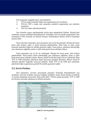 Port numaraları aşağıdaki görev dizisindedirler:
           255’ten aşağı numaralar halka açık uygulamalar için ayrılmıştır.
           255t’ten 1023 e kadar olan numaralar satılabilir uygulamalar için şirketlere
            ayrılmıştır.
           1023’ten yukarı düzenlenmemiştir.

      Son sistemler uygun uygulamalarda seçilen port numaralarını kullanır. Kaynak port
numaraları sunucu tarafından dinamikleştirilir. Genellikle 1023’ten büyük numaralardır. Port
numaraları 0-1023 arasında ise Internet Numara Yetkilendirme Dairesi (IANA) tarafından
kontrol edilir.

      Posta ofisi kutu numaraları, port numaraları için iyi bir benzetmedir. Mesajın bir kısmı
posta şehir koduna, şehre ve posta kutusuna gönderilebilir. Şehir kodu ve şehir, posta
kutusuna mektubun doğru bir şekilde gelmesini sağlar. Posta kutusu, mektubun adreslendiği
yere ulaşmasını sağlarken, posta ve şehir kodu genel mesaj seklinde yollanır.

      Posta numaraları için iyi bir ön sıralamadır. Mesajın bir kısmi posta, şehir koduna
gönderilebilir. Posta kutusu mailin adreslendiği yere ulaşmasını sağlarken, posta ve şehir
kodu genel mesaj seklinde yollanır. Benzer olarak IP adresleri doğru server’a gönderilir fakat
TCP ve UDP numaraları paketlerin doğru başvuruya geçtiğini garantiler. Benzer olarak IP
adresleri paketleri doğrudan sunucuya gönderir. Fakat TCP ya da UDP port numaraları
paketlerin doğru uygulamaya garantili bir şekilde geçmesini sağlar.

2.2. Servis Portları
       Port numaraları, servisler sunucularda çalışırken iletişimde bulunabilmeleri için
gereklidir. Servisler uzaktaki sunucuya bağlantı istedikleri zaman iletim katmanı protokolü
ve portları kullanmak isteyecektir. Bazı portlar RFC 1700’ün içinde tanımlıdır. TCP ve UDP
her ikisinin içerisinde saklanmış iyi bilinen portlardır.




                                   Şekil 2.3: Servis portları



                                              22
 