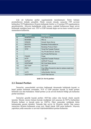 Çok sık kullanılan portlar uygulamalarda tanımlanmıştır. İletim katmanı
protokollerinin üstünde çalışabilir. Örnek verecek olursak; sunucular FTP servisini
kullanırken TCP bağlantılarını 20.portu kullanarak iletirler ve 21.porttan FTP uygulamalarını
gerçekleştirirler. Alışveriş başladığında yolda sunucu, uzaktaki kullanıcının hangi servisi
kullanmak istediğine karar verir. TCP ve UDP iletimde doğru servise karar vermek için port
numaralarını kullanırlar.




                                  Şekil 2.4: Servis portları

2.3. İstemci Portları
       İstemciler, sunuculardaki servislere bağlanmak durumunda kaldığında kaynak ve
hedef portları belirtmek zorundadır. TCP ve UDP parçaları kaynak ve hedef portları
belirtmek için alan bulundurur. Hedef portları ya da servisin herkesin bildiği çok kullanılan
portlar tanımlanır.

       İstemciler genelde kaynak portları 1023’den yukarı olan karışık olarak seçerek
tanımlar. Mesela; istemci iletişim kurmak istediğinde web sunucusu ile TCP’yi kullanırken
80.portu kullanır ve kaynak portu ise 1045’tir. Paket sunucudan vardığında iletim
katmanından geçmiş demektir. Sonunda http servisi ile 80.portta işletilir. http sunucu
istemcilere 80.portu kullanarak cevap verir. Hedef olarak 1045 portu kullanılır. Alışveriş
yapılırken yolda sunucular ve servisler ilişkilendirildikleri portları kullanırlar.




                                             23
 
