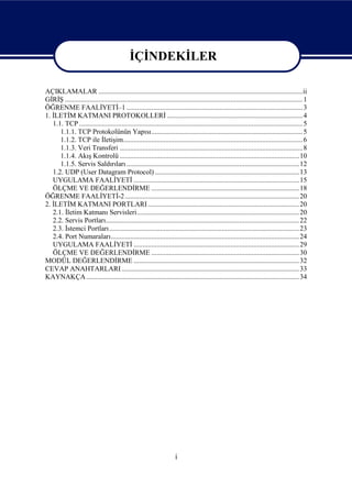İÇİNDEKİLER

AÇIKLAMALAR ....................................................................................................................ii
GİRİŞ .......................................................................................................................................1
ÖĞRENME FAALİYETİ–1 ....................................................................................................3
1. İLETİM KATMANI PROTOKOLLERİ ............................................................................. 4
   1.1. TCP ............................................................................................................................... 5
      1.1.1. TCP Protokolünün Yapısı...................................................................................... 5
      1.1.2. TCP ile İletişim......................................................................................................6
      1.1.3. Veri Transferi ........................................................................................................8
      1.1.4. Akış Kontrolü ......................................................................................................10
      1.1.5. Servis Saldırıları ..................................................................................................12
   1.2. UDP (User Datagram Protocol) .................................................................................. 13
   UYGULAMA FAALİYETİ .............................................................................................. 15
   ÖLÇME VE DEĞERLENDİRME .................................................................................... 18
ÖĞRENME FAALİYETİ-2 ...................................................................................................20
2. İLETİM KATMANI PORTLARI ...................................................................................... 20
   2.1. İletim Katmanı Servisleri ............................................................................................ 20
   2.2. Servis Portları.............................................................................................................. 22
   2.3. İstemci Portları............................................................................................................ 23
   2.4. Port Numaraları........................................................................................................... 24
   UYGULAMA FAALİYETİ .............................................................................................. 29
   ÖLÇME VE DEĞERLENDİRME .................................................................................... 30
MODÜL DEĞERLENDİRME .............................................................................................. 32
CEVAP ANAHTARLARI .....................................................................................................33
KAYNAKÇA ......................................................................................................................... 34




                                                                      i
 