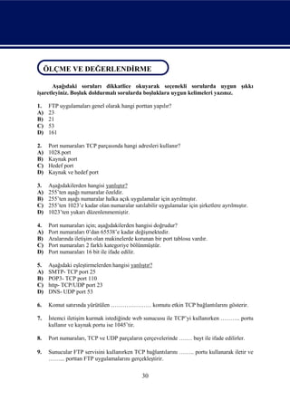 ÖLÇME VE DEĞERLENDİRME
ÖLÇME VE DEĞERLENDİRME
       Aşağıdaki soruları dikkatlice okuyarak seçenekli sorularda uygun şıkkı
işaretleyiniz. Boşluk doldurmalı sorularda boşluklara uygun kelimeleri yazınız.

1.   FTP uygulamaları genel olarak hangi porttan yapılır?
A)   23
B)   21
C)   53
D)   161

2.   Port numaraları TCP parçasında hangi adresleri kullanır?
A)   1028.port
B)   Kaynak port
C)   Hedef port
D)   Kaynak ve hedef port

3.   Aşağıdakilerden hangisi yanlıştır?
A)   255’ten aşağı numaralar özeldir.
B)   255’ten aşağı numaralar halka açık uygulamalar için ayrılmıştır.
C)   255’ten 1023’e kadar olan numaralar satılabilir uygulamalar için şirketlere ayrılmıştır.
D)   1023’ten yukarı düzenlenmemiştir.

4.   Port numaraları için; aşağıdakilerden hangisi doğrudur?
A)   Port numaraları 0’dan 65538’e kadar değişmektedir.
B)   Aralarında iletişim olan makinelerde korunan bir port tablosu vardır.
C)   Port numaraları 2 farklı kategoriye bölünmüştür.
D)   Port numaraları 16 bit ile ifade edilir.

5.   Aşağıdaki eşleştirmelerden hangisi yanlıştır?
A)   SMTP- TCP port 25
B)   POP3- TCP port 110
C)   http- TCP/UDP port 23
D)   DNS- UDP port 53

6.   Komut satırında yürütülen ………………… komutu etkin TCP bağlantılarını gösterir.

7.   İstemci iletişim kurmak istediğinde web sunucusu ile TCP’yi kullanırken ………. portu
     kullanır ve kaynak portu ise 1045’tir.

8.   Port numaraları, TCP ve UDP parçaların çerçevelerinde ….… bayt ile ifade edilirler.

9.   Sunucular FTP servisini kullanırken TCP bağlantılarını …….. portu kullanarak iletir ve
     ……... porttan FTP uygulamalarını gerçekleştirir.


                                              30
 