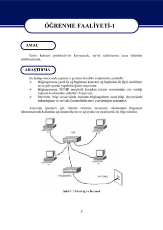 ÖĞRENME FAALİYETİ-1

                   ÖĞRENME FAALİYETİ–1
   AMAÇ

       İletim katmanı protokollerini kavrayacak, servis saldırılarına karşı önlemler
alabileceksiniz.


  ARAŞTIRMA
      Bu faaliyet öncesinde yapmanız gereken öncelikli araştırmalar şunlardır:
           Bilgisayarınıza yerel bir ağ bağlantısı kurarken ağ bağlantısı ile ilgili özellikleri
            ve ne gibi ayarlar yapabileceğinizi araştırınız.
           Bilgisayarınıza TCP/IP protokolü kurarken işletim sisteminizin izin verdiği
            bağlantı kısıtlamaları nelerdir? Araştırınız.
           İnternette, bilgi alışverişinde bulunan bilgisayarların nasıl bilgi alışverişinde
            bulunduğunu ve veri akış kontrolünün nasıl ayarlandığını araştırınız.

      Araştırma işlemleri için İnternet ortamını kullanınız, okulunuzun bilgisayar
laboratuvarında kullanılan ağ donanımlarını ve ağ ayarlarını inceleyerek ön bilgi edininiz.




                                 Şekil 1.1:Yerel ağ ve İnternet




                                               3
 