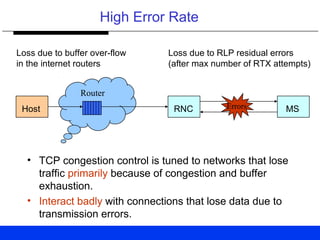 High Error Rate
Host RNC MSErrors
Loss due to buffer over-flow
in the internet routers
Loss due to RLP residual errors
(after max number of RTX attempts)
• TCP congestion control is tuned to networks that lose
traffic primarily because of congestion and buffer
exhaustion.
• Interact badly with connections that lose data due to
transmission errors.
Router
 