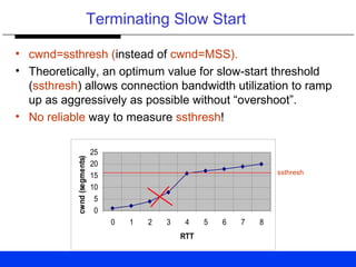 0
5
10
15
20
25
0 1 2 3 4 5 6 7 8
RTT
cwnd(segments)
ssthresh
Terminating Slow Start
• cwnd=ssthresh (instead of cwnd=MSS).
• Theoretically, an optimum value for slow-start threshold
(ssthresh) allows connection bandwidth utilization to ramp
up as aggressively as possible without “overshoot”.
• No reliable way to measure ssthresh!
 
