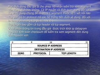 Mục đích dùng đầu giả là cho phép nơi nhận kiểm tra xem segment đến đúng đích hay không. Cả IP nguồn và đích quan trọng đối với tcp vì nó dùng chúng để nhận ra 1 segment thuộc về 1 kết nối nào Tcp gán giá trị protocol mà các hệ thống bên dưới sẽ dùng, đối với ip datagram mang tcp giá trị này là 6. Tcp length bao gồm cả tcp header và tcp segment. Ở nơi nhận thông tin trong đầu giả  được trích khỏi ip datagram cùng với tính toán checksum để kiểm tra xem segment đến đúng đích nguyên vẹn 