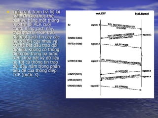 Tiến trình trạm trả lời lại gói SYN của thực thể dịch vụ bằng một thông báo trả lời ACK cuối cùng. Bằng cách này, các thực thể TCP trao đổi một cách tin cậy các giá trị ISN của nhau và có thể bắt đầu trao đổi dữ liệu. Không có thông điệp nào trong ba bước trên chứa bất kỳ dữ liệu gì; tất cả thông tin trao đổi đều nằm trong phần tiêu đề của thông điệp TCP (bước 3). 