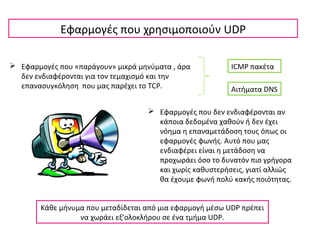  Εφαρμογές που δεν ενδιαφέρονται αν
κάποια δεδομένα χαθούν ή δεν έχει
νόημα η επαναμετάδοση τους όπως οι
εφαρμογές φωνής. Αυτό που μας
ενδιαφέρει είναι η μετάδοση να
προχωράει όσο το δυνατόν πιο γρήγορα
και χωρίς καθυστερήσεις, γιατί αλλιώς
θα έχουμε φωνή πολύ κακής ποιότητας.
Εφαρμογές που χρησιμοποιούν UDP
 Εφαρμογές που «παράγουν» μικρά μηνύματα , άρα
δεν ενδιαφέρονται για τον τεμαχισμό και την
επανασυγκόληση που μας παρέχει το TCP.
ICMP πακέτα
Αιτήματα DNS
Kάθε μήνυμα που μεταδίδεται από μια εφαρμογή μέσω UDP πρέπει
να χωράει εξ’ολοκλήρου σε ένα τμήμα UDP.
 