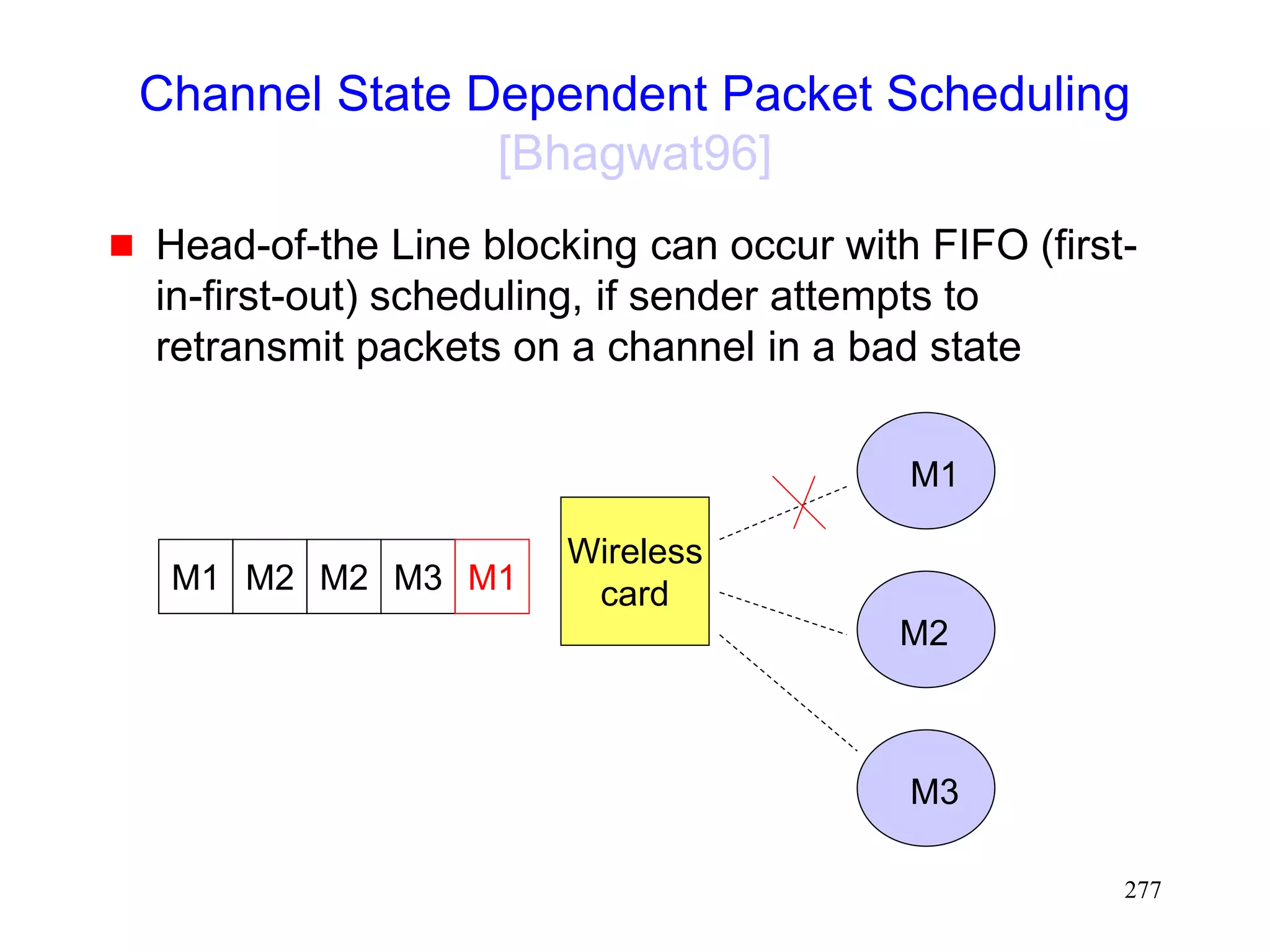 277
Channel State Dependent Packet Scheduling
[Bhagwat96]
 Head-of-the Line blocking can occur with FIFO (first-
in-first-out) scheduling, if sender attempts to
retransmit packets on a channel in a bad state
M1 M2 M3
M2 M1
Wireless
card
M1
M2
M3
 