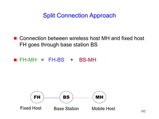 102
Split Connection Approach
 Connection between wireless host MH and fixed host
FH goes through base station BS
 FH-MH = FH-BS + BS-MH
FH MH
BS
Base Station Mobile Host
Fixed Host
 