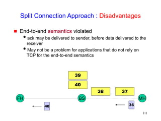 111
Split Connection Approach : Disadvantages
 End-to-end semantics violated
ack may be delivered to sender, before data delivered to the
receiver
May not be a problem for applications that do not rely on
TCP for the end-to-end semantics
FH MH
BS
40
39
37
38
36
40
 