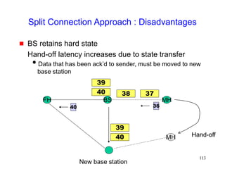 113
Split Connection Approach : Disadvantages
 BS retains hard state
Hand-off latency increases due to state transfer
Data that has been ack’d to sender, must be moved to new
base station
FH MH
BS
40
39
37
38
36
40
MH
New base station
Hand-off
40
39
 