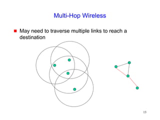 13
Multi-Hop Wireless
 May need to traverse multiple links to reach a
destination
 