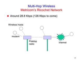 15
Multi-Hop Wireless
Metricom’s Ricochet Network
 Around 28.8 Kbps (128 Kbps to come)
Poletop
radio
Wireless hosts
internet
modem
 