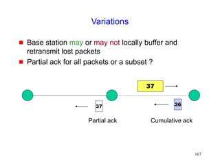 167
Variations
 Base station may or may not locally buffer and
retransmit lost packets
 Partial ack for all packets or a subset ?
37
36
Partial ack
37
Cumulative ack
 