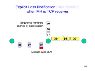 169
Explicit Loss Notification [Biaz99thesis]
when MH is TCP receiver
37
36
37
38
39
39
38
Sequence numbers
cached at base station
37 37
Dupack with ELN
 