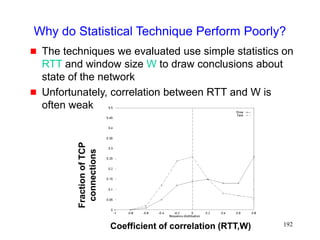 192
Why do Statistical Technique Perform Poorly?
 The techniques we evaluated use simple statistics on
RTT and window size W to draw conclusions about
state of the network
 Unfortunately, correlation between RTT and W is
often weak
Fraction
of
TCP
connections
Coefficient of correlation (RTT,W)
 