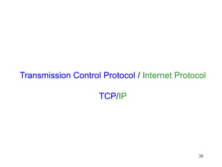 20
Transmission Control Protocol / Internet Protocol
TCP/IP
 