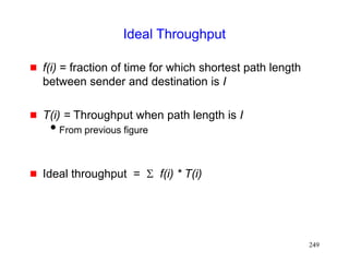 249
Ideal Throughput
 f(i) = fraction of time for which shortest path length
between sender and destination is I
 T(i) = Throughput when path length is I
From previous figure
 Ideal throughput = S f(i) * T(i)
 
