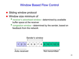 29
Window Based Flow Control
 Sliding window protocol
 Window size minimum of
receiver’s advertised window - determined by available
buffer space at the receiver
congestion window - determined by the sender, based on
feedback from the network
2 3 4 5 6 7 8 9 10 11 13
1 12
Sender’s window
Acks received Not transmitted
 