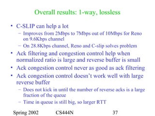 Spring 2002 CS444N 37
Overall results: 1-way, lossless
• C-SLIP can help a lot
– Improves from 2Mbps to 7Mbps out of 10Mbps for Reno
on 9.6Kbps channel
– On 28.8Kbps channel, Reno and C-slip solves problem
• Ack filtering and congestion control help when
normalized ratio is large and reverse buffer is small
• Ack congestion control never as good as ack filtering
• Ack congestion control doesn’t work well with large
reverse buffer
– Does not kick in until the number of reverse acks is a large
fraction of the queue
– Time in queue is still big, so larger RTT
 