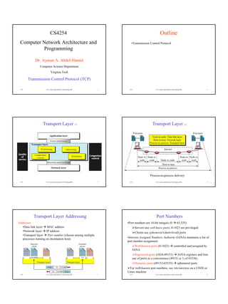 CS4254                                                                    Outline
 Computer Network Architecture and                                      •Transmission Control Protocol
          Programming

            Dr. Ayman A. Abdel-Hamid
               Computer Science Department
                          Virginia Tech

       Transmission Control Protocol (TCP)

 TCP               © Dr. Ayman Abdel-Hamid, CS4254 Spring 2006   1    TCP                   © Dr. Ayman Abdel-Hamid, CS4254 Spring 2006           2




                 Transport Layer 1/2                                                      Transport Layer 2/2




                                                                                        Process-to-process delivery
 TCP               © Dr. Ayman Abdel-Hamid, CS4254 Spring 2006   3    TCP                   © Dr. Ayman Abdel-Hamid, CS4254 Spring 2006           4




           Transport Layer Addressing                                                        Port Numbers
Addresses                                                            •Port numbers are 16-bit integers (0                     65,535)
   •Data link layer MAC address                                             Servers use well know ports, 0-1023 are privileged
   •Network layer IP address                                                Clients use ephemeral (short-lived) ports
   •Transport layer Port number (choose among multiple
   processes running on destination host)                            •Internet Assigned Numbers Authority (IANA) maintains a list of
                                                                     port number assignment
                                                                          Well-known ports (0-1023)                      controlled and assigned by
                                                                        IANA
                                                                          Registered ports (1024-49151) IANA registers and lists
                                                                        use of ports as a convenience (49151 is ¾ of 65536)
                                                                            Dynamic ports (49152-65535)                        ephemeral ports
                                                                       For well-known port numbers, see /etc/services on a UNIX or
                                                                     Linux machine
 TCP               © Dr. Ayman Abdel-Hamid, CS4254 Spring 2006   5    TCP                   © Dr. Ayman Abdel-Hamid, CS4254 Spring 2006           6
 