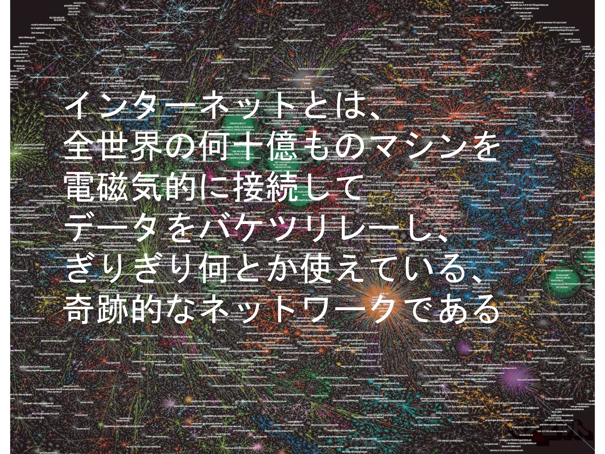 インターネットとは、
全世界の何十億ものマシンを
電磁気的に接続して
データをバケツリレーし、
ぎりぎり何とか使えている、
奇跡的なネットワークである
 