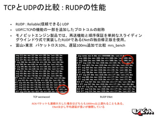 TCPとUDPの比較 : RUDPの性能
• RUDP : Reliable(信頼できる) UDP
• UDPにTCPの機能の一部を追加したプロトコルの総称
• モノビットエンジン製品では、再送機能と順序保証を単純なスライディン
グウインドウ式で実装したRUDPであるENetの独自修正版を使用。
• 富山>東京 パケットロス10%、遅延100ms追加で比較 mrs_bench
RUDP ENetTCP westwood
ACKパケットも連続ロスした場合はどちらも1000ms以上遅れることもある。
ENetは少し平均遅延が長いが健闘している
 