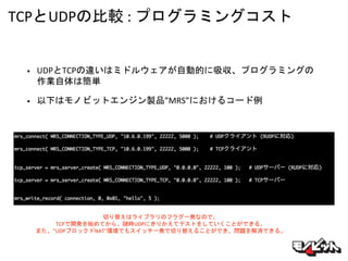 TCPとUDPの比較 : プログラミングコスト
• UDPとTCPの違いはミドルウェアが自動的に吸収、プログラミングの
作業自体は簡単
• 以下はモノビットエンジン製品”MRS”におけるコード例
切り替えはライブラリのフラグ一発なので、
TCPで開発を始めてから、随時UDPにきりかえてテストをしていくことができる。
また、”UDPブロックドNAT"環境でもスイッチ一発で切り替えることができ、問題を解消できる。
 
