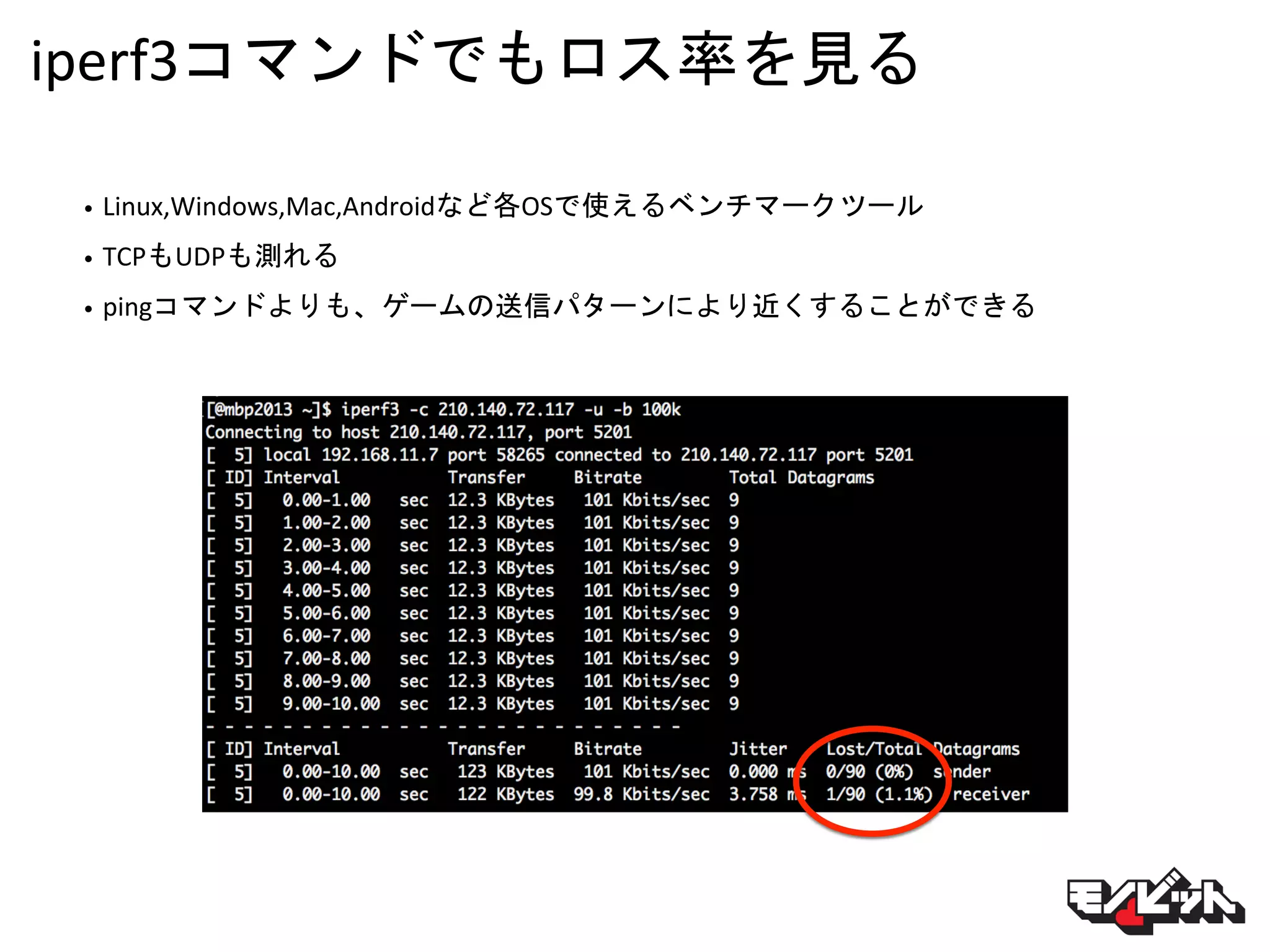 iperf3コマンドでもロス率を見る
• Linux,Windows,Mac,Androidなど各OSで使えるベンチマークツール
• TCPもUDPも測れる
• pingコマンドよりも、ゲームの送信パターンにより近くすることができる
 
