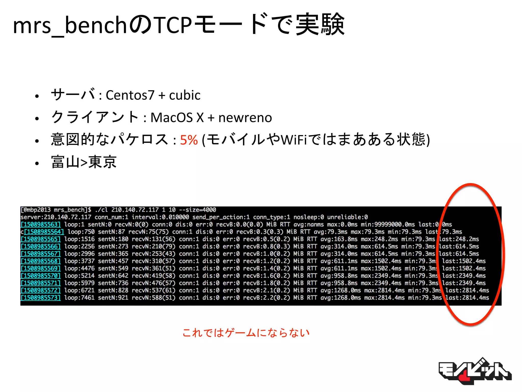 mrs_benchのTCPモードで実験
• サーバ : Centos7 + cubic
• クライアント : MacOS X + newreno
• 意図的なパケロス : 5% (モバイルやWiFiではまあある状態)
• 富山>東京
これではゲームにならない
 
