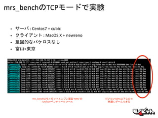 mrs_benchのTCPモードで実験
• サーバ : Centos7 + cubic
• クライアント : MacOS X + newreno
• 意図的なパケロスなし
• 富山>東京
mrs_benchはモノビットエンジン製品”MRS”の
TCP/UDPベンチマークツール
だいたい50ms以下なので
快適にゲームできる
 