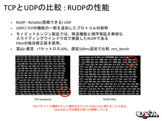 TCPとUDPの比較 : RUDPの性能
• RUDP : Reliable(信頼できる) UDP
• UDPにTCPの機能の一部を追加したプロトコルの総称
• モノビットエンジン製品では、再送機能と順序保証を単純な
スライディングウインドウ式で実装したRUDPである
ENetの独自修正版を使用。
• 富山>東京 パケットロス10%、遅延100ms追加で比較 mrs_bench
RUDP ENetTCP westwood
ACKパケットも連続ロスした場合はどちらも1000ms以上遅れることもある。
ENetは少し平均遅延が長いが健闘している
 