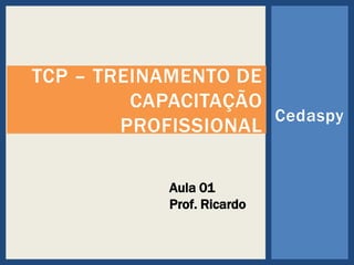 TCP – TREINAMENTO DE
CAPACITAÇÃO
Cedaspy
PROFISSIONAL
Aula 01
Prof. Ricardo

 
